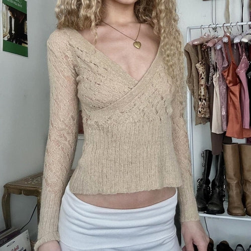 Retro Cross V neck Hollow Out Cutout out Short Sweater Women Autumn