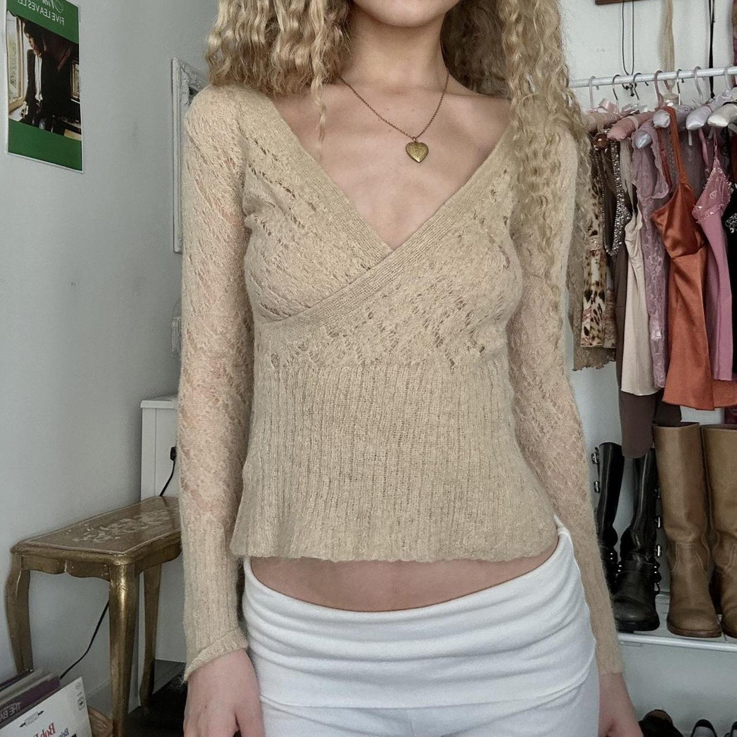 Retro Cross V neck Hollow Out Cutout out Short Sweater Women Autumn