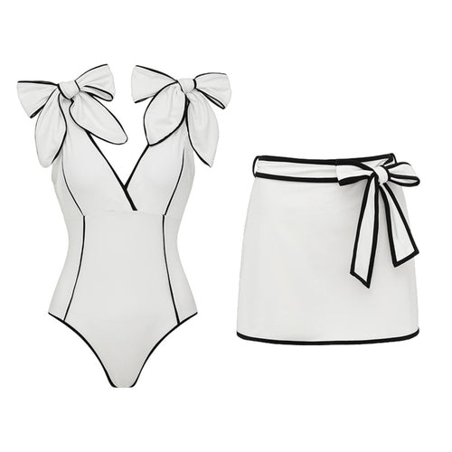 Swimsuit Black White Color Matching Sweet Girl Bow Swimsuit Women